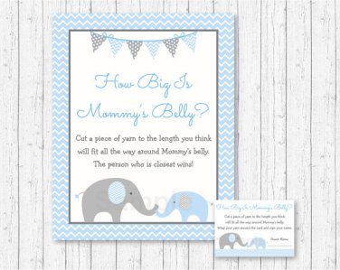 Blue Chevron Elephant How Big Is Mommys Belly Baby Shower Game #A187