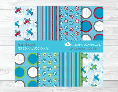 Airplane Blue & Red Digital Paper #A226