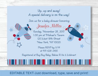 Airplane Blue & Red Printable Baby Shower Invitation Editable PDF #A155