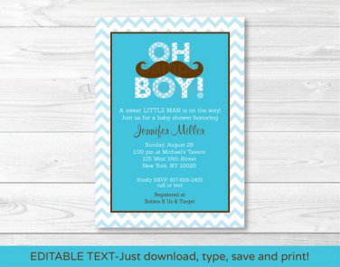 Mustache Little Man Oh Boy Printable Baby Shower Invitation Editable PDF #A376