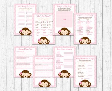 Girl Pop Monkey Pink Baby Shower Games Pack - 8 Printable Games #A167