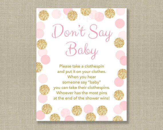 Blush Pink & Gold Glitter Dots Dont Say Baby Baby Shower Game Printable #A380