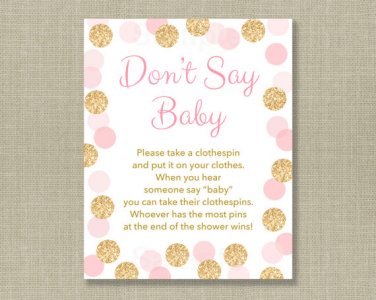 Blush Pink & Gold Glitter Dots Dont Say Baby Baby Shower Game Printable #A380