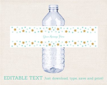 Twinkle Little Star Mint Green & Gold Water Bottle Labels Printable Editable PDF #A381