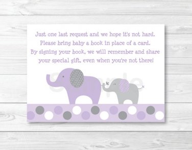Lavender Polka Dot Elephant Printable Baby Shower Book Request Cards #A242