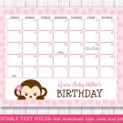 Girl Monkey Pink Baby Due Date Calendar Editable PDF #A167