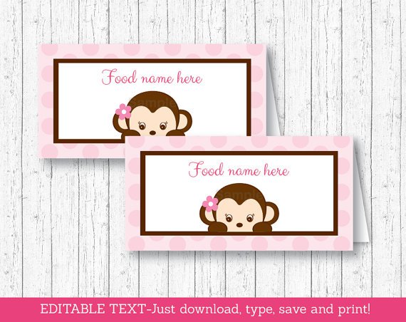 Mod Pop Monkey Pink Buffet Tent Cards & Place Cards Editable PDF #A167