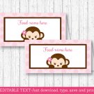 Mod Pop Monkey Pink Buffet Tent Cards & Place Cards Editable PDF #A167