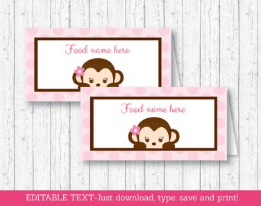 Mod Pop Monkey Pink Buffet Tent Cards & Place Cards Editable PDF #A167