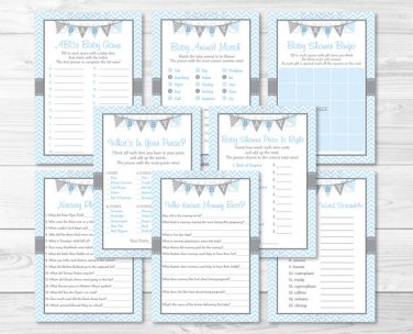 Blue Chevron Baby Shower Games Pack - 8 Printable Games #A260