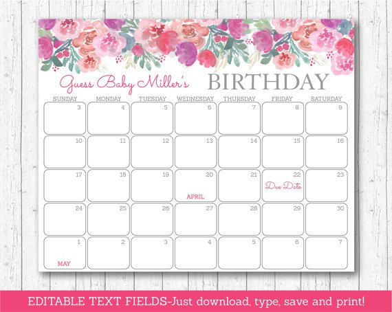 Pink Watercolor Flowers Baby Due Date Calendar Editable PDF #A385