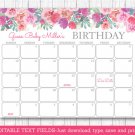 Pink Watercolor Flowers Baby Due Date Calendar Editable PDF #A385
