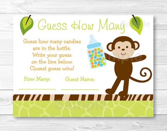 Wildlife Jungle Animals Baby Shower "Guess How Many?" Game Cards #A236