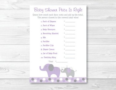 Lavender Polka Dot Elephant Printable Baby Shower "Price Is Right!" Game Cards #A242