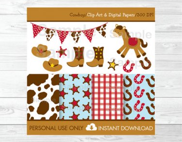 Cowboy Western Clipart & Digital Paper #A284