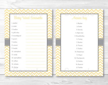 Yellow Chevron Printable Baby Shower "Baby Word Scramble" Game Cards #A356
