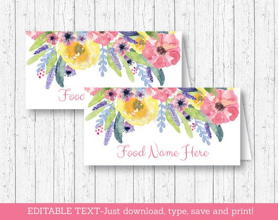 Watercolor Flowers Floral Buffet Tent Cards & Place Cards Editable PDF #A395