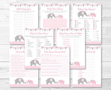 Pink Elephant Chevron Baby Shower Games Pack - 8 Printable Games #A186
