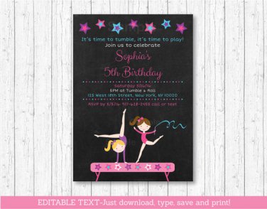 Gymnastics Chalkboard Birthday Invitation Printable Editable PDF #A384