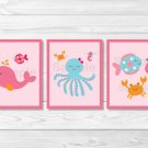 Pink Under The Sea Whale Octopus Crab Girls Printable Nursery Wall Art #A262