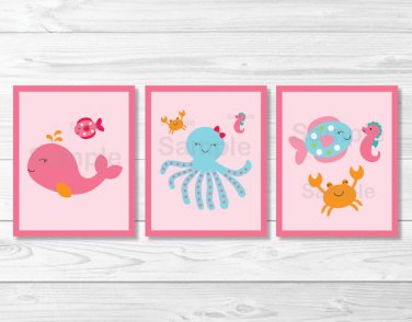 Pink Under The Sea Whale Octopus Crab Girls Printable Nursery Wall Art #A262
