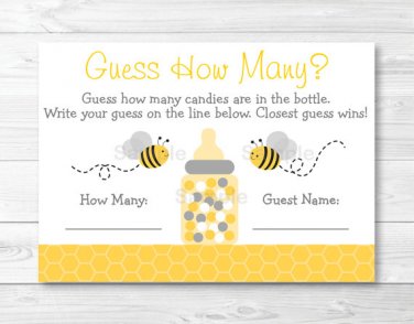 Yellow & Grey Bumble Bee Gender Neutral Baby Shower "Guess How Many?" Game Cards #A359