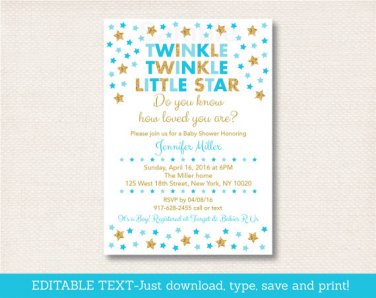 Twinkle Little Star Blue & Gold Printable Baby Shower Invitation Editable PDF #A391
