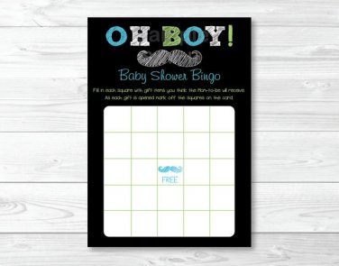 Chalkboard Mustache Oh Boy Printable Baby Shower Bingo Cards #A397
