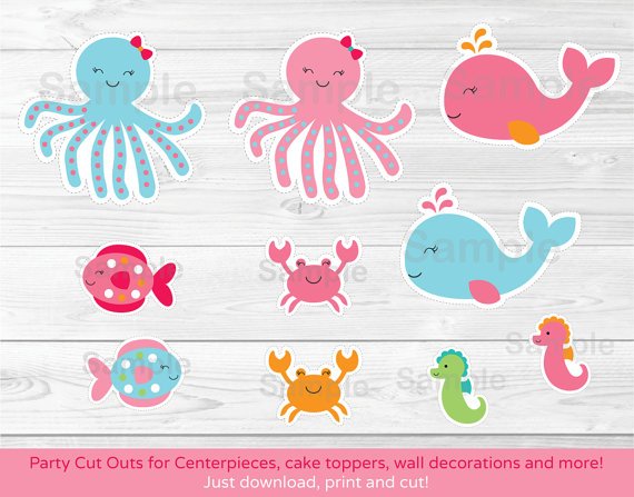 Pink Under The Sea Whale Octopus Party Cutouts Decorations Printable #A262
