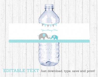 Teal Chevron Elephant Water Bottle Labels Printable Editable PDF #A374