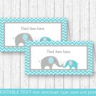 Teal Chevron Elephant Buffet Tent Cards & Place Cards Editable PDF #A374