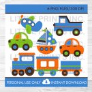 Transportation Vehicles Car Truck Sailboat Airplane Train Blue Orange Clipart #A111