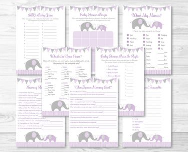Purple Chevron Elephant Baby Shower Games Pack - 8 Printable Games #A184