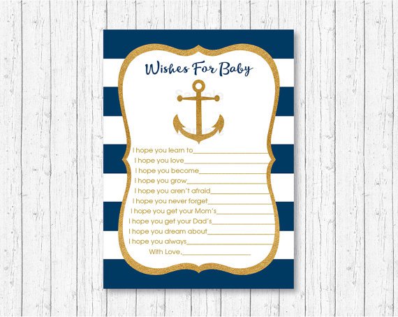 Nautical Gold Anchor Printable Baby Shower Wishes For Baby Advice Cards #A365