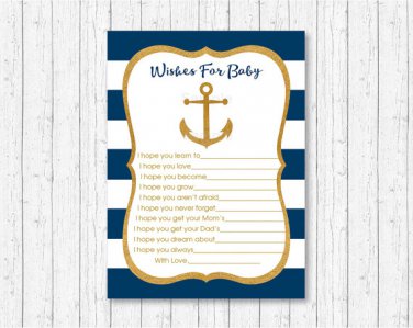 Nautical Gold Anchor Printable Baby Shower Wishes For Baby Advice Cards #A365