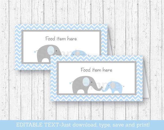 Blue Chevron Elephant Buffet Tent Cards & Place Cards Editable PDF #A187