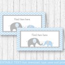 Blue Chevron Elephant Buffet Tent Cards & Place Cards Editable PDF #A187