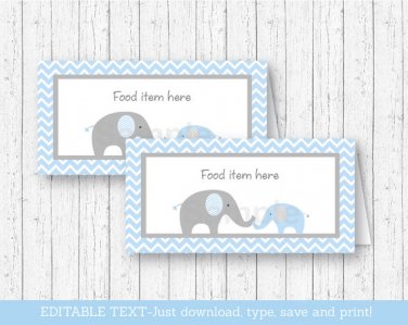 Blue Chevron Elephant Buffet Tent Cards & Place Cards Editable PDF #A187