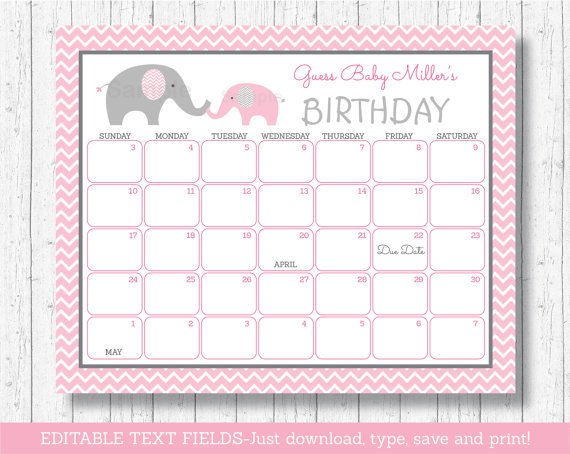 Pink Chevron Elephant Printable Baby Due Date Calendar Editable PDF #A186