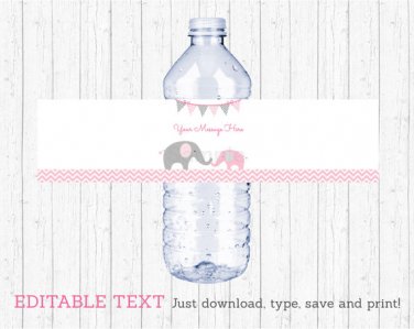 Pink Chevron Elephant Water Bottle Labels Printable Editable PDF #A186