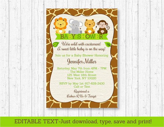 Cute Jungle Safari Animals Printable Baby Shower Invitation Editable PDF #A398