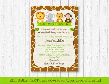 Cute Jungle Safari Animals Printable Baby Shower Invitation Editable PDF #A398