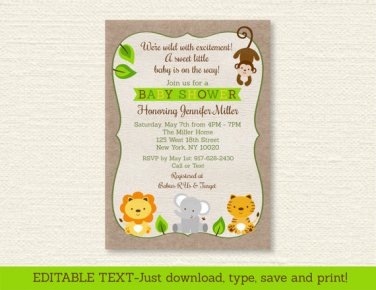Cute Safari Jungle Animals Printable Baby Shower Invitation Editable PDF #A398
