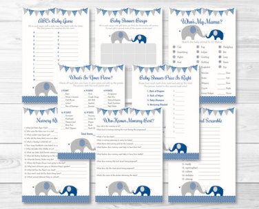Navy Blue & Grey Chevron Elephant Baby Shower Games Pack - 8 Printable Games #A373
