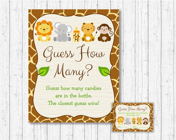 Cute Jungle Safari Animals Baby Shower "Guess How Many?" Game Cards #A398