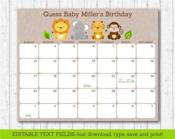 Cute Jungle Safari Animals Printable Baby Due Date Calendar Editable ...