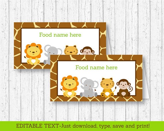 Cute Jungle Safari Animals Buffet Tent Cards & Place Cards Editable PDF #A398