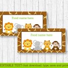 Cute Jungle Safari Animals Buffet Tent Cards & Place Cards Editable PDF #A398