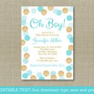 Oh Boy Blue & Gold Glitter Dots Printable Baby Shower Invitation Editable PDF #A399