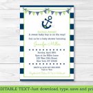 Nautical Anchor Blue & Green Printable Baby Shower Invitation Editable PDF #A394